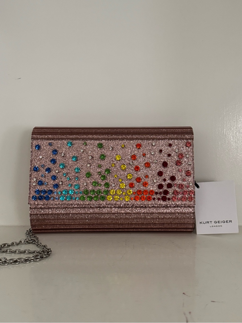 NWT Kurt Geiger London Party Envelope Crystals Clutch Pale Pink Rainbow